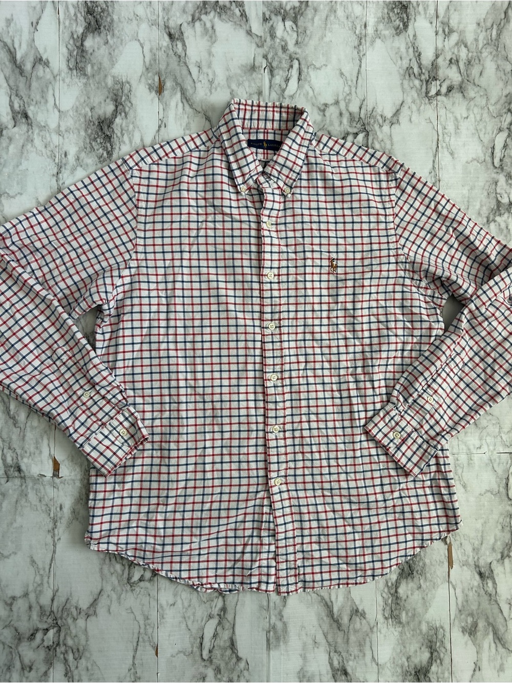 Ralph Lauren Men's large red white blue plaid Button Down Shirt embroidered pony
